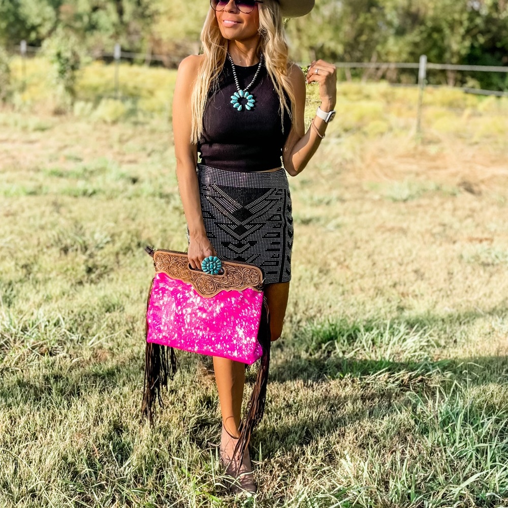 Tooled Leather Cowhide Fringe Tassel clutch crossbody purse pink + silver specs - Picture 10 of 11